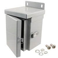 Box Metal, Steel Gray Hinged Door, Lid 4.000" L x 4.000" W (101.60mm x 101.60mm) X 6.000" (152.40mm) Box Metal, Steel Gray Hinged Door, Lid 4.000" L x 4.000" W (101.60mm x 101.60mm) X 6.000" (152.40mm)