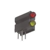 LED Indicadores de placa de circuito LED Circuit Board Indicator 2 alto Rojo (x 1), amarillo (x 1) Difuso, coloreado Rojo de 2V, amarillo de 2.1V 10mA Redondo con p. sup. domo 3mm, T-1 Orificio pasante, ángulo recto