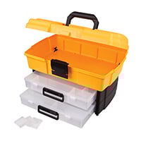 Component Storage Plastic, Copolymer Resin Black, Yellow Hinged Door, Lid 18.500" L x 12.500" W (469.90mm x 317.50mm) X 11.750" (298.45mm)