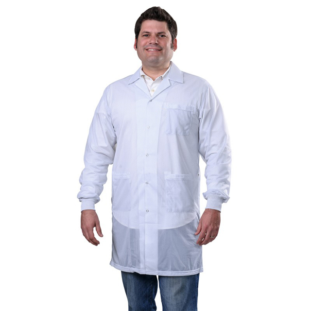Polyester Smock, Lab Coat Length with Cuffs Small White 4mm Snap Stud on Hip, Conductive Fabric on Cuff